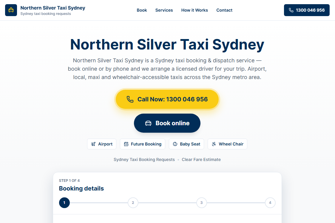 Northern Silver Taxi Sydney booking website homepage