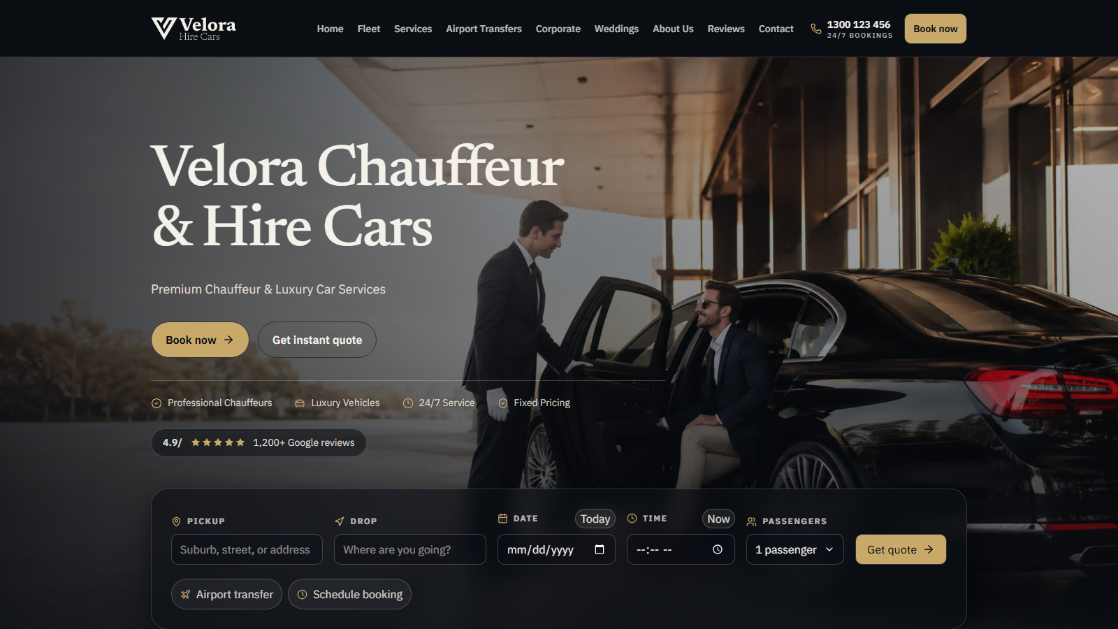 Velora Chauffeur & Hire Cars homepage with instant quote booking widget